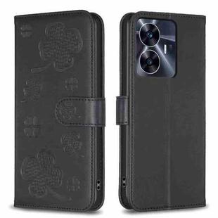 For Realme C35 Four-leaf Embossed Leather Phone Case(Black)