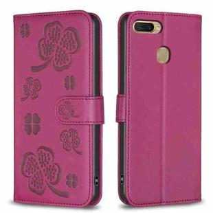 For OPPO A7 Four-leaf Embossed Leather Phone Case(Rose Red)