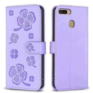 For OPPO A7 Four-leaf Embossed Leather Phone Case(Purple)