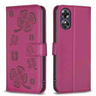 For OPPO A17 Four-leaf Embossed Leather Phone Case(Rose Red)