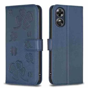 For OPPO A17 Four-leaf Embossed Leather Phone Case(Blue)