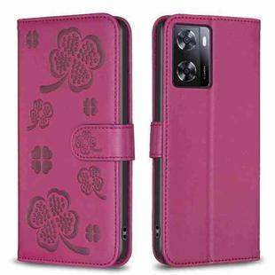 For OPPO A57 4G Four-leaf Embossed Leather Phone Case(Rose Red)