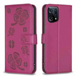 For OPPO Find X5 Four-leaf Embossed Leather Phone Case(Rose Red)