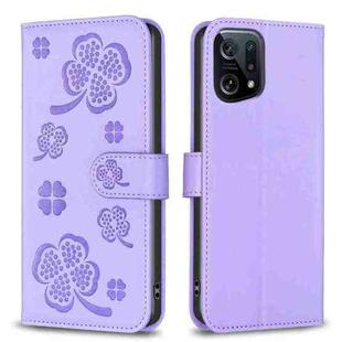 For OPPO Find X5 Four-leaf Embossed Leather Phone Case(Purple)