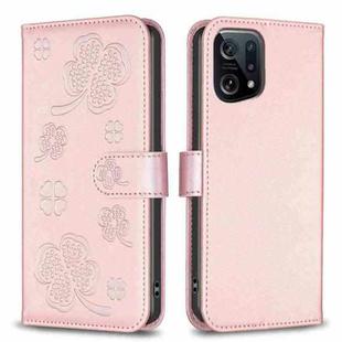 For OPPO Find X5 Four-leaf Embossed Leather Phone Case(Pink)
