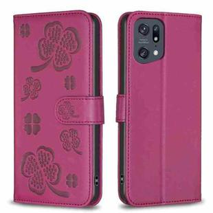 For OPPO Find X5 Pro Four-leaf Embossed Leather Phone Case(Rose Red)