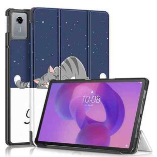 For Lenovo Tab Idea 11 /Xiaoxin Pad 2025 Custer Painted 3-Fold Holder Leather Smart Tablet Case(Lazy Cat)