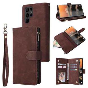 For Samsung Galaxy S23 Ultra 5G Multifunctional Frosted Zipper Wallet Leather Phone Case(Coffee)