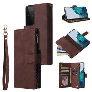 For Samsung Galaxy S21 Ultra 5G Multifunctional Frosted Zipper Wallet Leather Phone Case(Coffee)