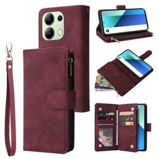 For Xiaomi Redmi Note 13 4G Multifunctional Frosted Zipper Wallet Leather Phone Case(Wine Red)