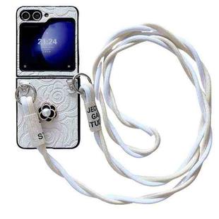 For Samsung Galaxy Z Flip4 5G Impression Camellia Pattern Protective Phone Case with Long Lanyard(White)