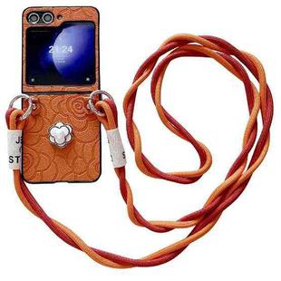 For Samsung Galaxy Z Flip5 5G Impression Camellia Pattern Protective Phone Case with Long Lanyard(Orange)