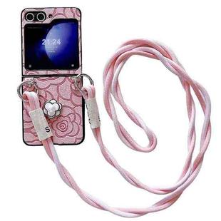 For Samsung Galaxy Z Flip5 5G Impression Camellia Pattern Protective Phone Case with Long Lanyard(Pink)