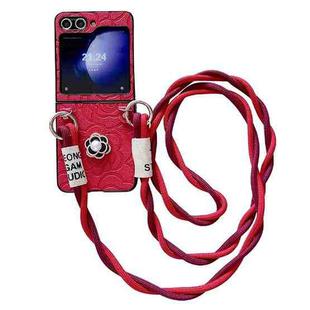 For Samsung Galaxy Z Flip5 5G Impression Camellia Pattern Protective Phone Case with Long Lanyard(Red)