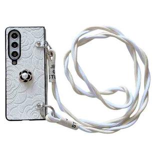 For Samsung Galaxy Z Fold4 5G Impression Camellia Pattern Protective Phone Case with Long Lanyard(White)