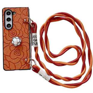 For Samsung Galaxy Z Fold5 5G Impression Camellia Pattern Protective Phone Case with Long Lanyard(Orange)
