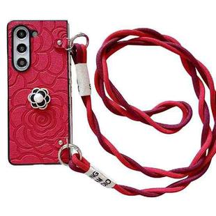 For Samsung Galaxy Z Fold5 5G Impression Camellia Pattern Protective Phone Case with Long Lanyard(Red)