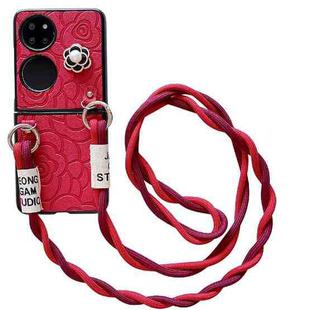 For Huawei P50 Pocket Impression Camellia Pattern Protective Phone Case with Long Lanyard(Red)