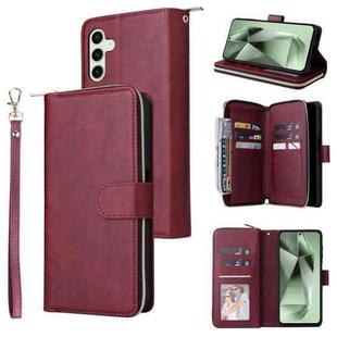 For Samsung Galaxy S24 FE 5G 9-Card Slots Zipper Wallet Bag Leather Phone Case(Wine Red)