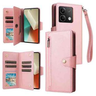 For Xiaomi Redmi Note 13 5G Rivet Buckle 9 Cards Three Fold Leather Phone Case(Rose Gold)