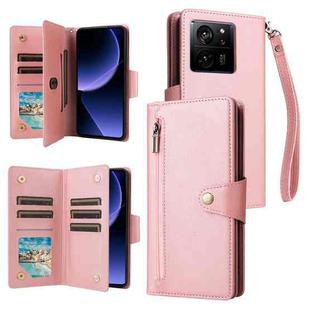 For Xiaomi 13T Pro 5G /13T 5G Global Rivet Buckle 9 Cards Three Fold Leather Phone Case(Rose Gold)