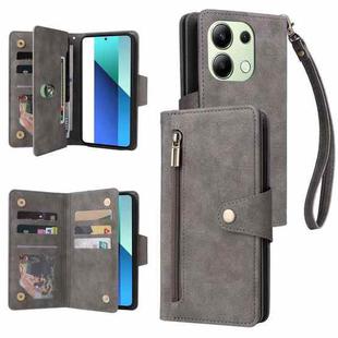 For Xiaomi Redmi Note 13 4G Rivet Buckle 9 Cards Three Fold Leather Phone Case(Grey)