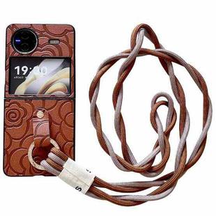 For vivo X Flip Impression Camellia Pattern Protective Phone Case with Diamond Ring Long Lanyard(Brown)