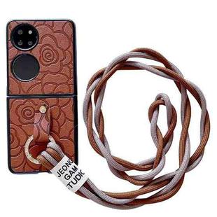 For Huawei P50 Pocket Impression Camellia Pattern Protective Phone Case with Diamond Ring Long Lanyard(Brown)