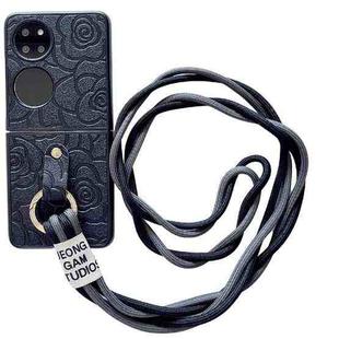For Huawei P50 Pocket Impression Camellia Pattern Protective Phone Case with Diamond Ring Long Lanyard(Black)