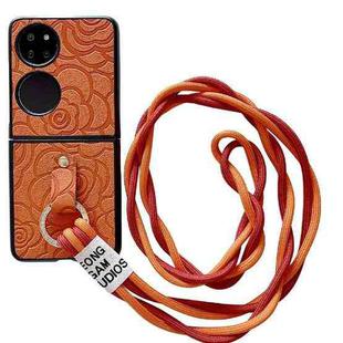 For Huawei P50 Pocket Impression Camellia Pattern Protective Phone Case with Diamond Ring Long Lanyard(Orange)