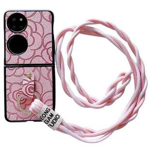 For Huawei P50 Pocket Impression Camellia Pattern Protective Phone Case with Diamond Ring Long Lanyard(Pink)