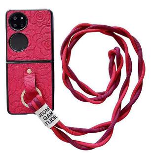 For Huawei P50 Pocket Impression Camellia Pattern Protective Phone Case with Diamond Ring Long Lanyard(Red)