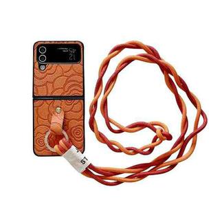 For Samsung Galaxy Z Flip4 5G Impression Camellia Pattern Protective Phone Case with Diamond Ring Long Lanyard(Orange)