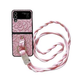 For Samsung Galaxy Z Flip4 5G Impression Camellia Pattern Protective Phone Case with Diamond Ring Long Lanyard(Pink)