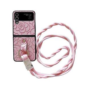 For Samsung Galaxy Z Flip3 5G Impression Camellia Pattern Protective Phone Case with Diamond Ring Long Lanyard(Pink)