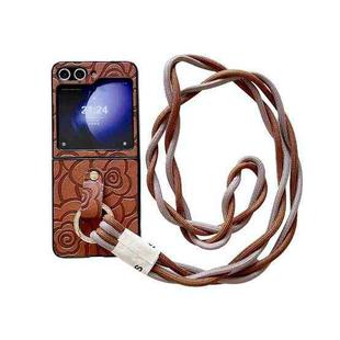 For Samsung Galaxy Z Flip5 5G Impression Camellia Pattern Protective Phone Case with Diamond Ring Long Lanyard(Brown)