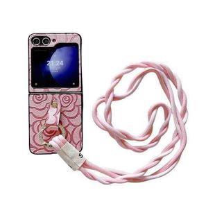 For Samsung Galaxy Z Flip5 5G Impression Camellia Pattern Protective Phone Case with Diamond Ring Long Lanyard(Pink)