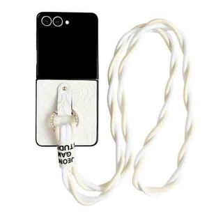 For Samsung Galaxy Z Flip7 5G Impression Camellia Pattern Protective Phone Case with Diamond Ring Long Lanyard(White)