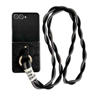 For Samsung Galaxy Z Flip7 5G Impression Camellia Pattern Protective Phone Case with Diamond Ring Long Lanyard(Black)