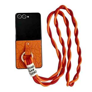 For Samsung Galaxy Z Flip7 5G Impression Camellia Pattern Protective Phone Case with Diamond Ring Long Lanyard(Orange)