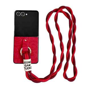 For Samsung Galaxy Z Flip7 5G Impression Camellia Pattern Protective Phone Case with Diamond Ring Long Lanyard(Red)