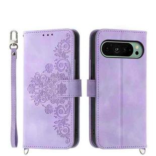 For Google Pixel 9 Skin-feel Flowers Embossed Wallet Leather Phone Case(Purple)