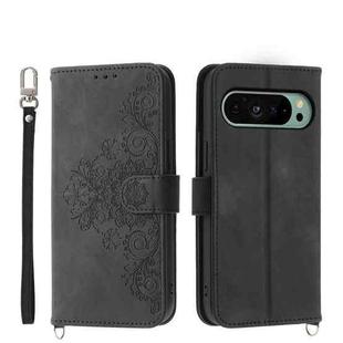 For Google Pixel 9 Skin-feel Flowers Embossed Wallet Leather Phone Case(Black)