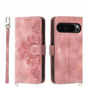 For Google Pixel 9 Pro Skin-feel Flowers Embossed Wallet Leather Phone Case(Pink)