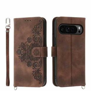 For Google Pixel 9 Pro Skin-feel Flowers Embossed Wallet Leather Phone Case(Brown)