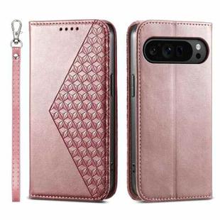 For Google Pixel 9 Pro Cubic Grid Calf Texture Magnetic Leather Phone Case(Rose Gold)