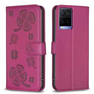 For vivo Y21 / Y21s / Y33s Four-leaf Embossed Leather Phone Case(Rose Red)