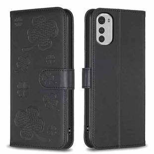 For Motorola Moto E32 4G Four-leaf Embossed Leather Phone Case(Black)