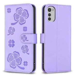 For Motorola Moto E32 4G Four-leaf Embossed Leather Phone Case(Purple)