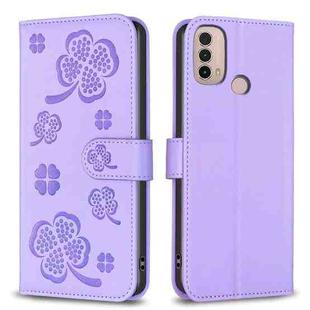 For Motorola Moto E40 / E30 Four-leaf Embossed Leather Phone Case(Purple)